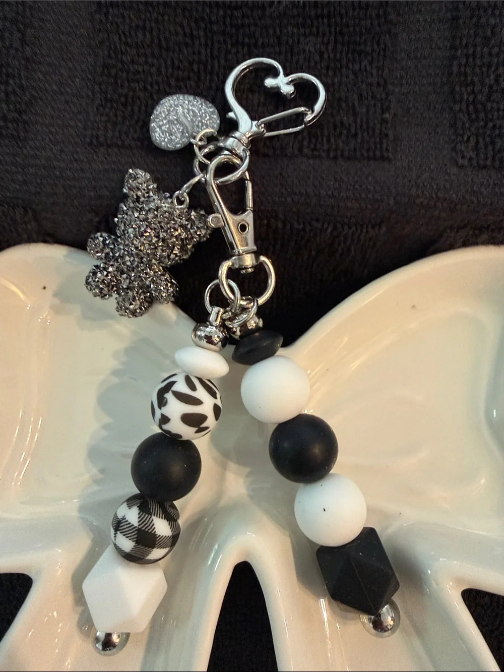 Black & White Beaded Keychain with Glitter Bear Charm